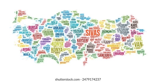 Turkey region word cloud. Country shape design. Turkey colored illustration. Region names collage cloud. Vector illustration.