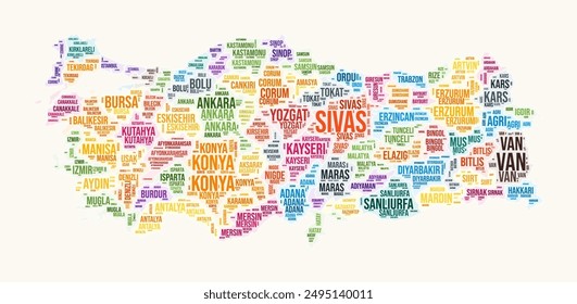 Turkey regions word cloud. Country logo design. Regions typography style vector image. Turkey colored text cloud. Amazing vector illustration.