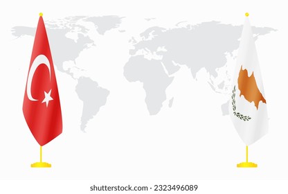 Flaggen der Türkei und der Republik Zypern für offizielle Treffen auf der Grundlage der Weltkarte.