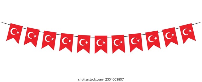 Turkey Republic Day, bunting garland with Turkish pennants, Cumhuriyet Bayrami, red and white, vector decorative element