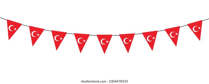 Turkey Republic Day, bunting garland with turkish pennants, red and white, string of triangular flags, vector decorative element