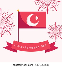 turkey republic day, flag in pole fireworks ribbon card vector illustration