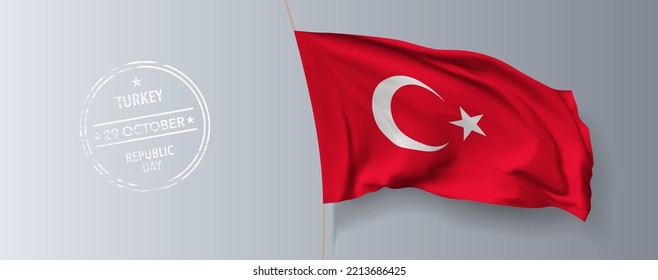 Turkey republic day greeting card, banner with template text vector illustration. Turkish memorial holiday 29th of October design element with 3D flag with crescent