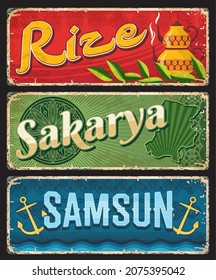 Turkey Rize, Sakarya, Samsun il provinces vector plates. Turkish provinces and districts landmarks and welcome tagline tin plates with travel and city tourism sightseeing