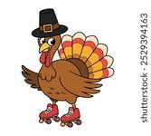 Turkey Roller Skating in Pilgrim Hat – Fun Thanksgiving Cartoon Illustration