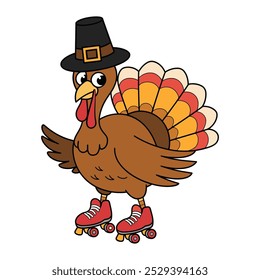 Turkey Roller Skating in Pilgrim Hat – Fun Thanksgiving Cartoon Illustration