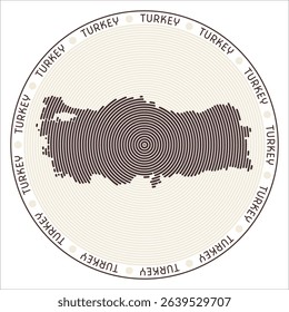 Turkey round logo design. Country shape built of rings. Turkey text around the country. Vector illustration.