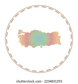 Turkey round logo. Digital style shape of Turkey in a dotted circle with the country name. Tech icon of the country with gradient dots. Classy vector illustration.
