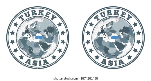 Turkey round logos. Circular badges of country with map of Turkey in world context. Plain and textured country stamps. Vector illustration.