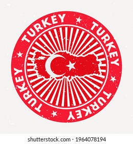 Turkey round stamp. Logo of country with flag. Vintage badge with circular text and stars, vector illustration.