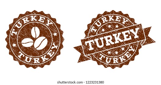 Turkey rubber stamps. Vector seals in chocolate color with round, ribbon, rosette, coffee bean elements. Grainy design and dust texture are used for Turkey rubber imprints.