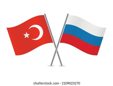 Turkey and Russia crossed flags. Turkish and Russian flags isolated on white background. Vector icon set. Vector illustration.