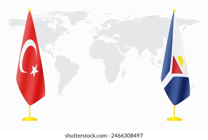 Banderas de Turquía y San Martín para reunión oficial contra fondo de mapa mundial.