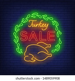 Turkey sale neon sign. Glowing neon text. Turkey, discounts, Thanksgiving day. Night bright advertisement. Vector illustration in neon style for cafe, restaurant, shop