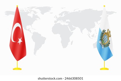 Turkey and San Marino flags for official meeting against background of world map.