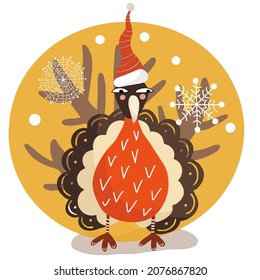Turkey in Santa hat, Christmas, winter tree, composition for Christmas invitations, discount coupons, sales, t-shirts.