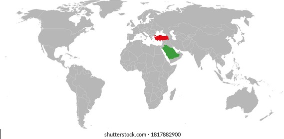 Turkey, Saudi Arabia countries isolated on world map. Gray background. Business concepts and Backgrounds.