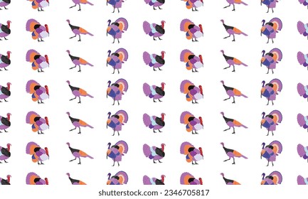 Turkey seamless pattern on white background, collection of farm animals and turkey breeds. Vector illustration.