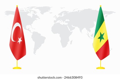 Turkey and Senegal flags for official meeting against background of world map.