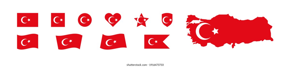 Turkey set flag ang map. Republic of Turkey country icon and button. White color background. Vector flat illustration
