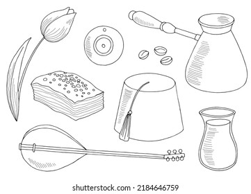Turkey set graphic black white isolated sketch illustration vector