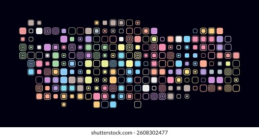Turkey, shape of the country built of colored cells. Digital style map of Turkey on dark background. Large size rounded square blocks. Artistic vector illustration.