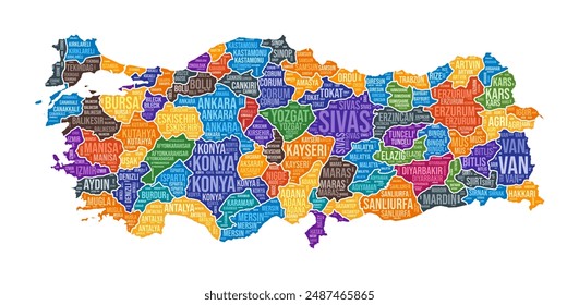 Turkey shape. Country word cloud with region division. Turkey colored illustration. Region names cloud. Vector illustration.