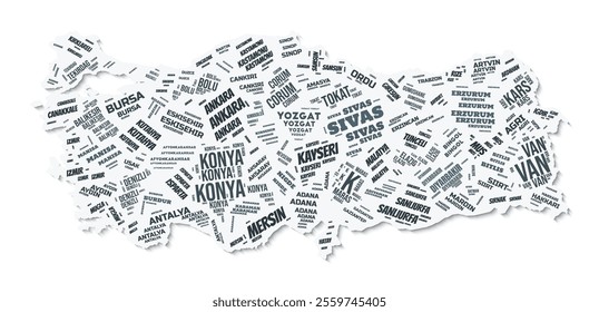 Turkey shape text cloud. Country border with shadow on white background. Turkey with regions division in vintage gazette style. Stylish vector illustration.