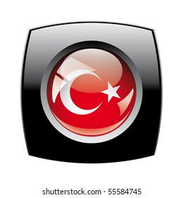 Turkey shiny button flag with black frame -  vector illustration. Isolated abstract object against white background.