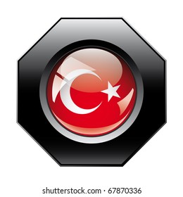 Turkey shiny button flag with black frame -  vector illustration. Isolated abstract object against white background.