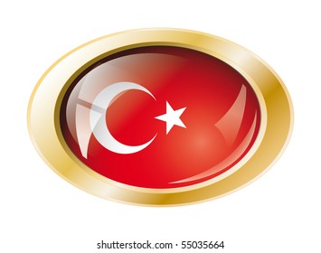 Turkey shiny button flag with golden ring vector illustration. Isolated abstract object against white background.