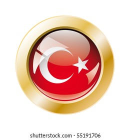 Turkey shiny button flag with golden ring vector illustration. Isolated abstract object against white background.