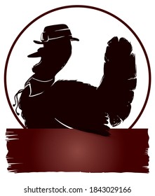 Turkey silhouette in hand drawn style wearing pilgrim hat and collar, inside button and wooden sign, isolated template.