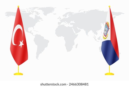 Turkey and Sint Maarten flags for official meeting against background of world map.