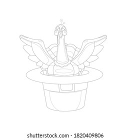 Turkey is sitting in Pilgrim’s hat made as a black contour on white isolated background, vector illustration for hand drawn activity, anti-stress coloring pages and drawing for Thanksgiving Day.