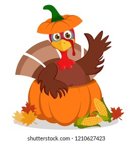 Turkey sitting in a pumpkin and waving his wing on a white.