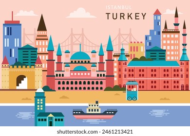 Concepto de horizonte de Turquía Ilustración vectorial plana, concepto de viaje a Turquía con horizonte y edificios famosos Lugar famoso