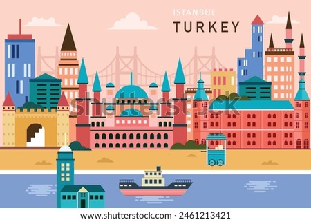 Turkey skyline concept flat vector illustration,Travel to Turkey concept with skyline and famous buildings landmark