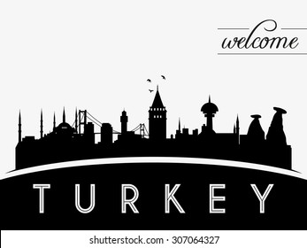 Turkey skyline silhouette vector illustration, black and white design.