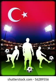 Jugador de fútbol de Turquía con bandera en el fondo del estadio Ilustración original