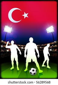 Turkey Soccer Player with Flag on Stadium Background Original Illustration