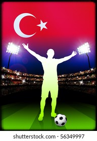 Turkey Soccer Player with Flag on Stadium Background Original Illustration