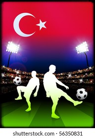 Turkey Soccer Player with Flag on Stadium Background Original Illustration