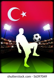 Turkey Soccer Player with Flag on Stadium Background Original Illustration