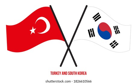 Turkey and South Korea Flags Crossed And Waving Flat Style. Official Proportion. Correct Colors.