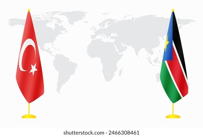 Turkey and South Sudan flags for official meeting against background of world map.