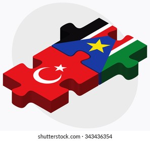 Turkey and South Sudan Flags in puzzle isolated on white background