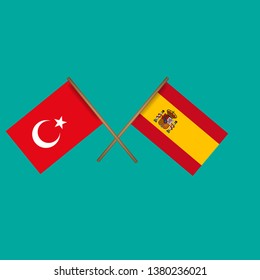 Turkey and Spain crossed flags.Language learning or travel concept