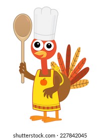 Turkey With Spoon - Cartoon turkey with chef hat, apron and a spoon. Eps10