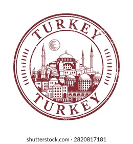 Turkey Stamp With Istanbul Skyline Vector Illustration In Red Tones
